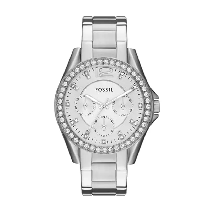 Fossil Orologio Riley da donna, movimento cronografo al quarzo con cinturino in acciaio inossidabile o in pelle, 38 mm, Tono argento e glitter