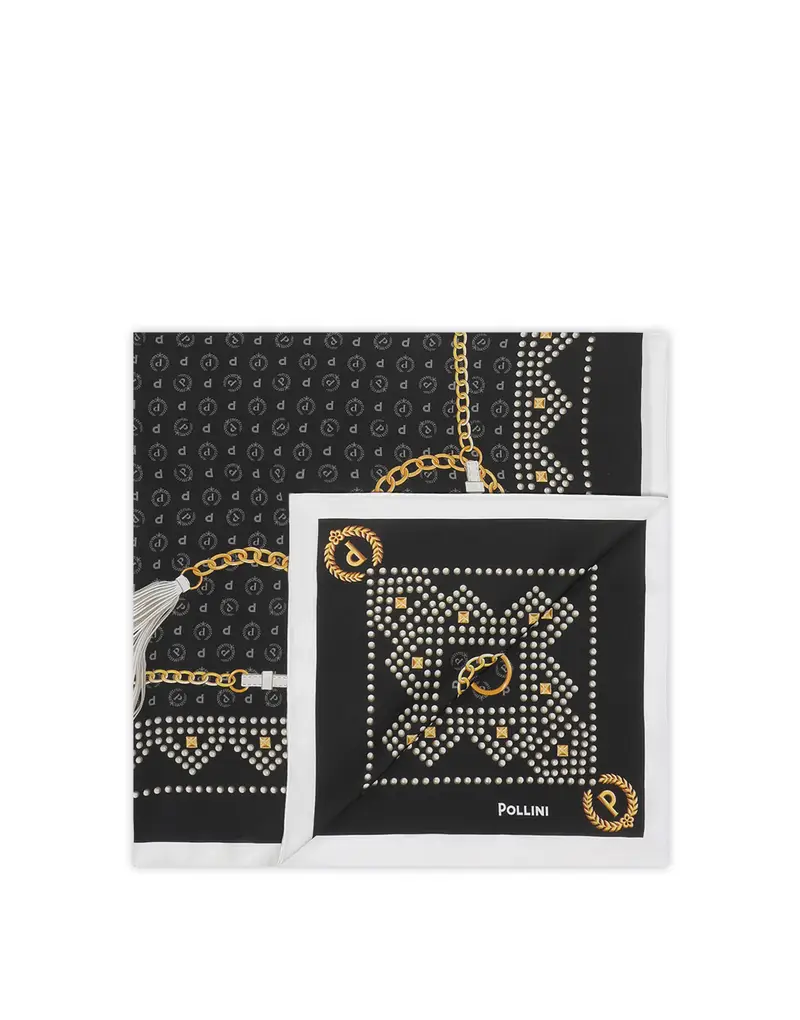 Foulard in seta con stampa logo P-alloro NERO, one_size, Pollini