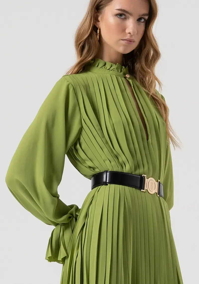 Abito flare lungo in tessuto plissettato miniatura 2