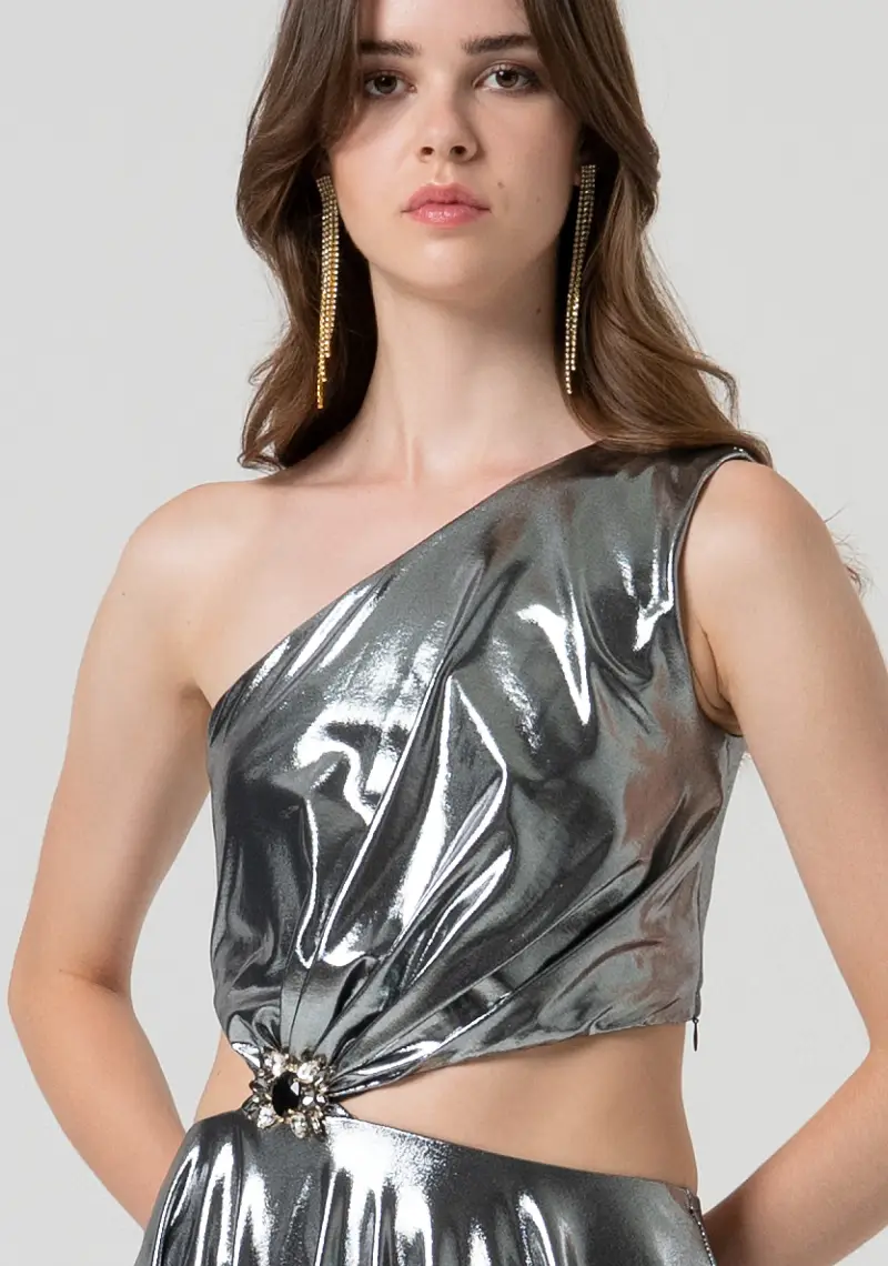 Abito linea dritta monospalla in tessuto metalizzato miniatura 2