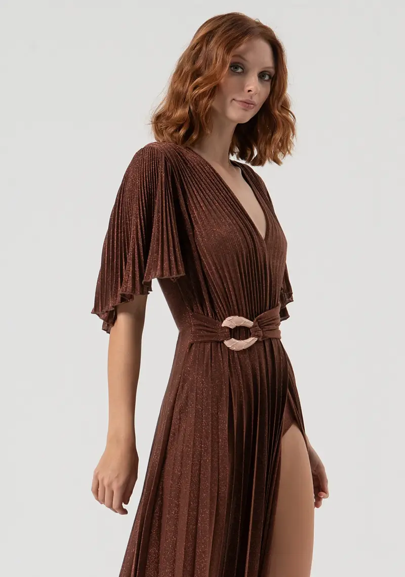 Abito lungo slim in tessuto plissettato miniatura 2