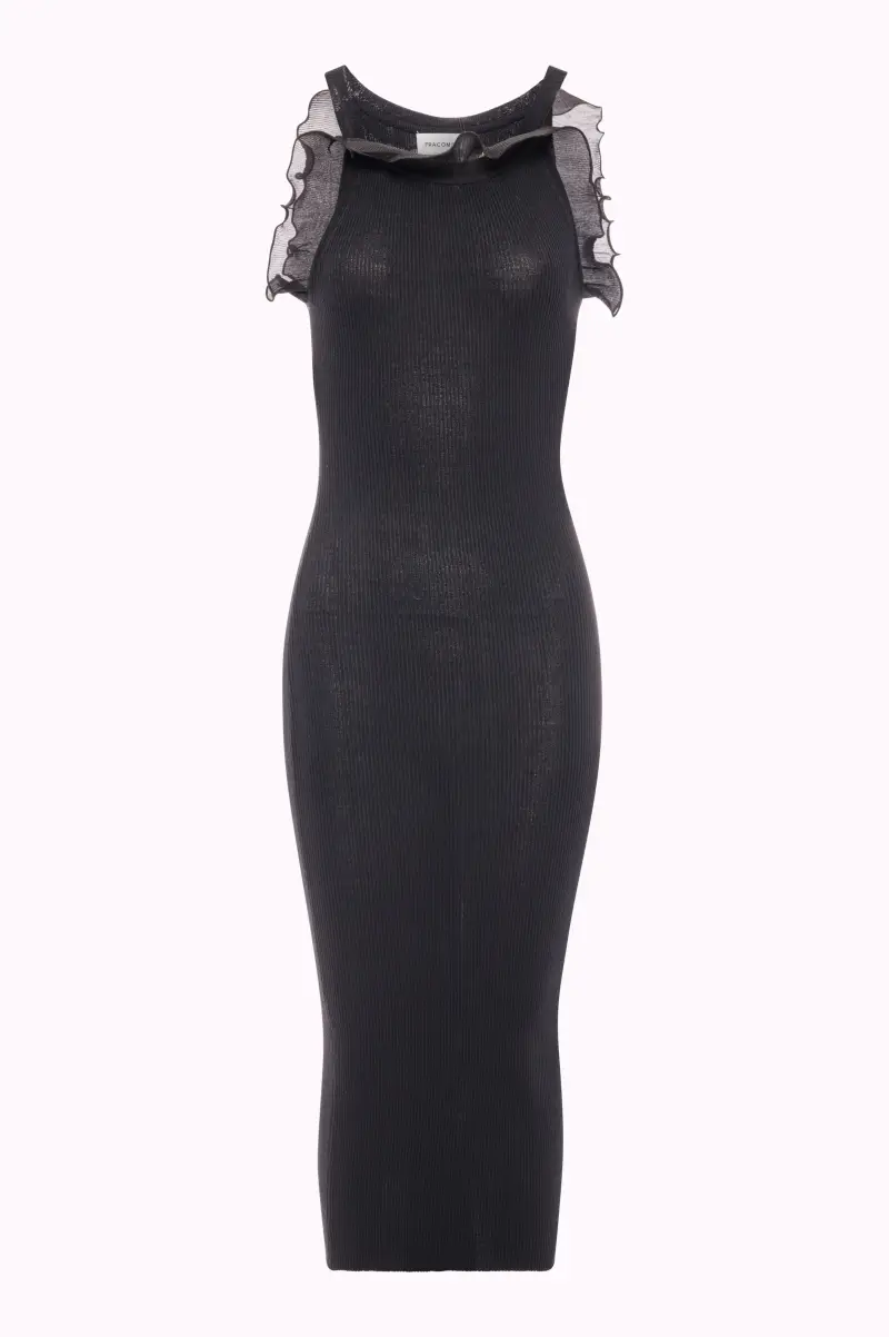 Abito Midi in Maglia Aderente con Volant in Tulle miniatura 2