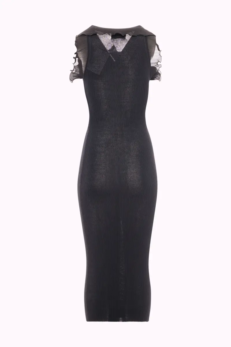 Abito Midi in Maglia Aderente con Volant in Tulle