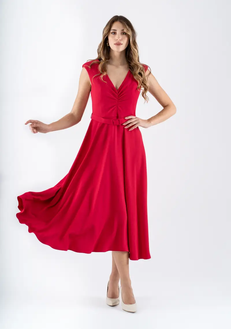 Abito midi svasato con scollo a V e cintura miniatura 2