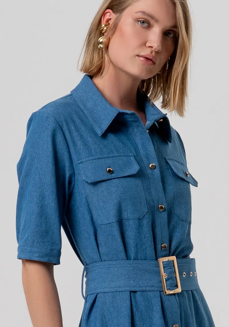 Fracomina Abito chemisier lungo in cotone blu miniatura 2