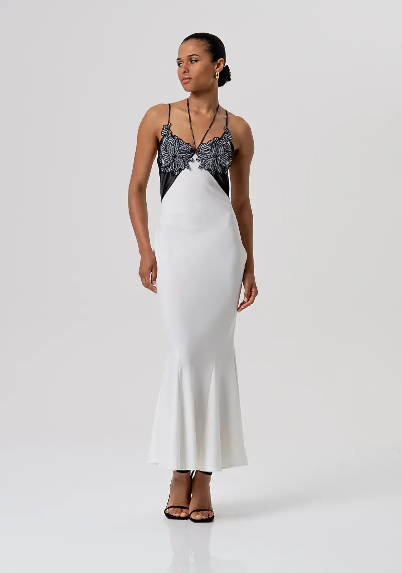 Abito senza maniche lungo in mix di tessuti