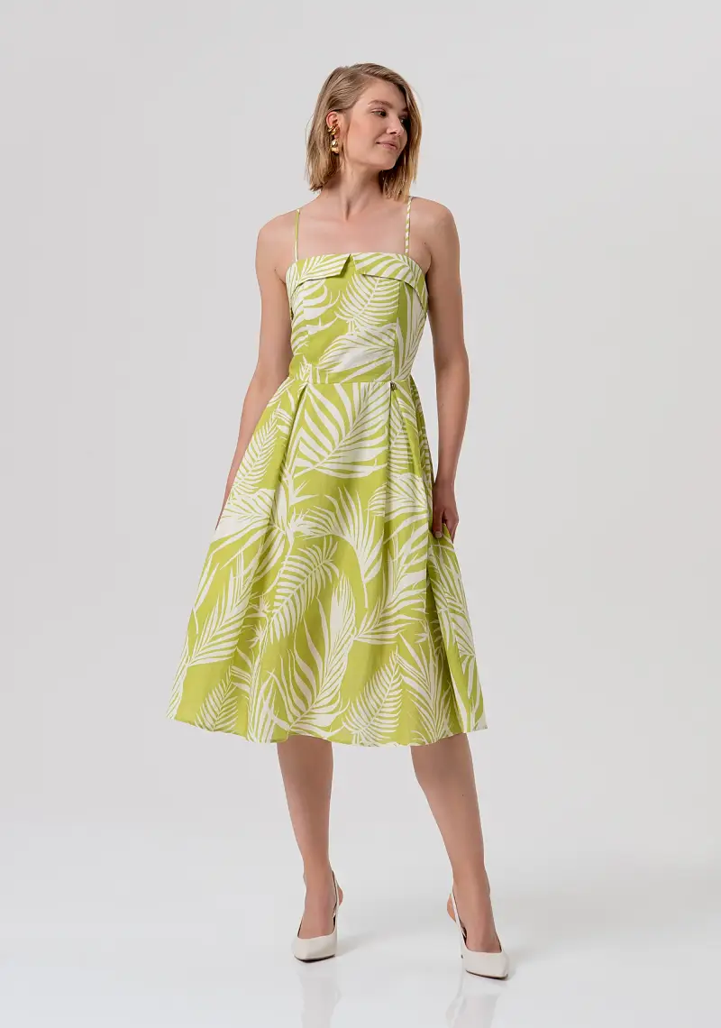 Abito senza maniche midi in fantasia foglie