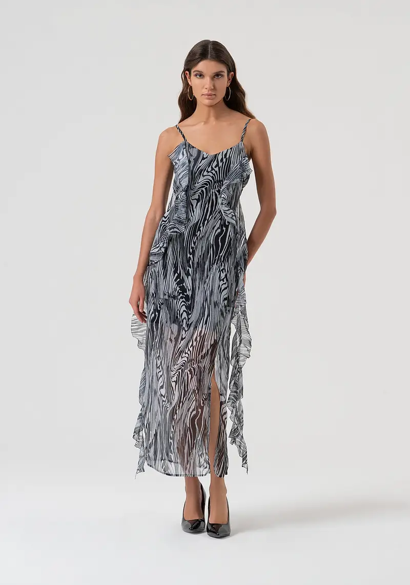 Abito senza maniche midi in georgette con fantasia optical