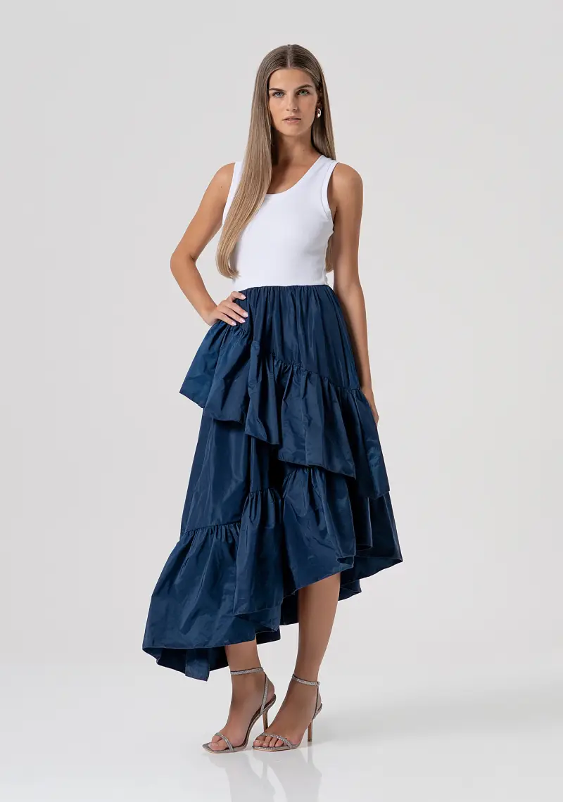 Abito senza maniche midi in mix di tessuti