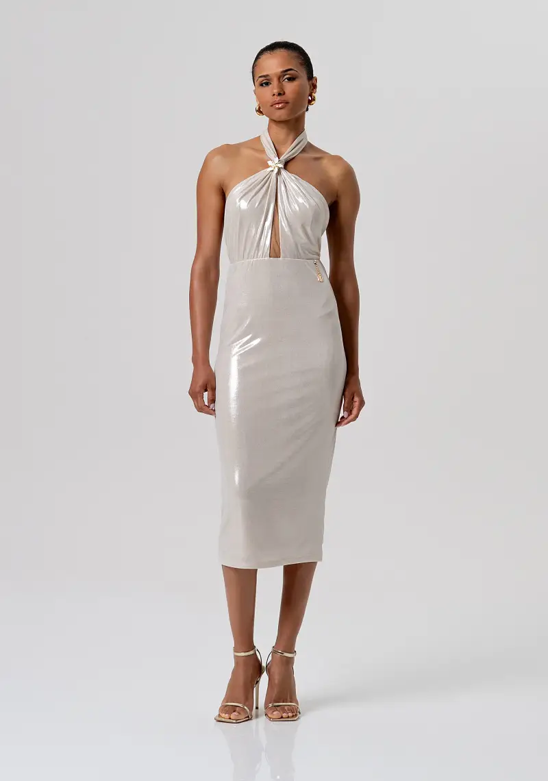 Abito senza maniche slim midi in tessuto spalmato