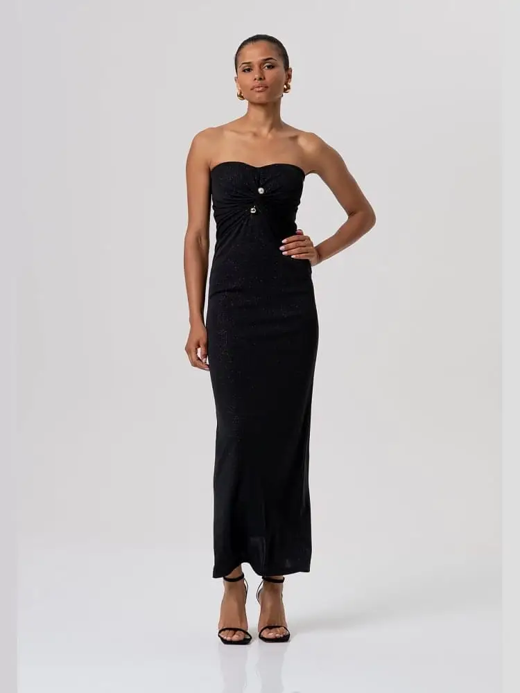 abito slim lungo in tessuto nero con glitter