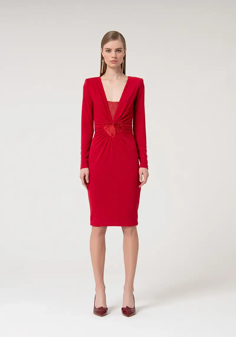 Abito slim midi con patch cuore in paillettes