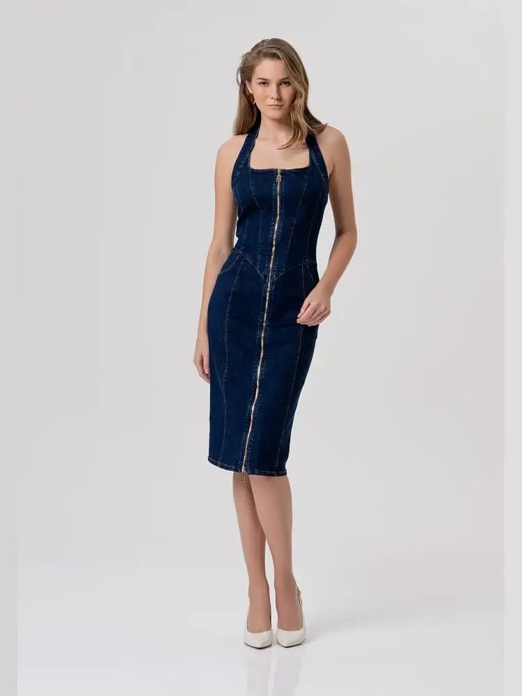 abito slim midi in denim lavaggio raw blu scuro