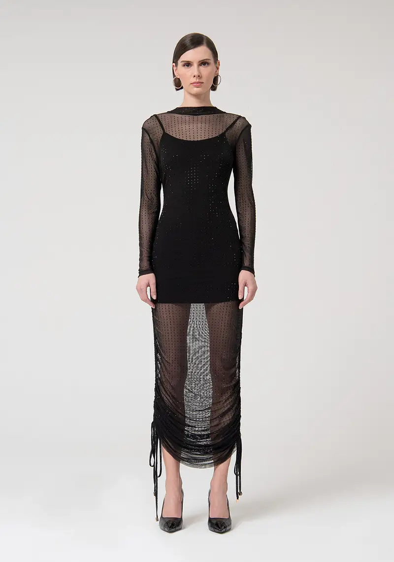 Abito slim midi in georgette con strass