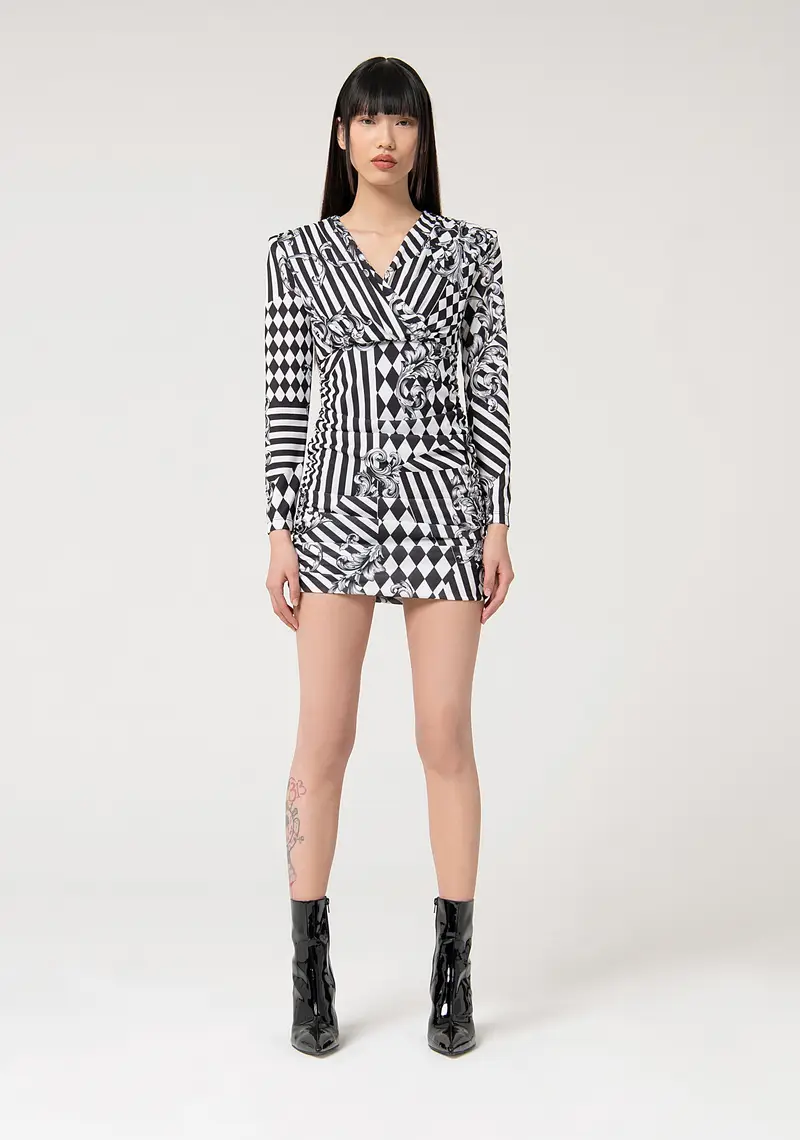 Abito slim mini in fantasia geometrica e fiori