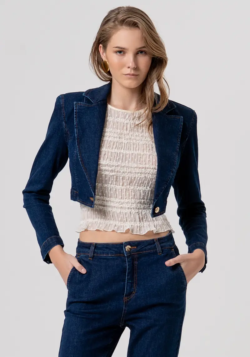 Blazer Crop in Denim con Spalline Strutturate