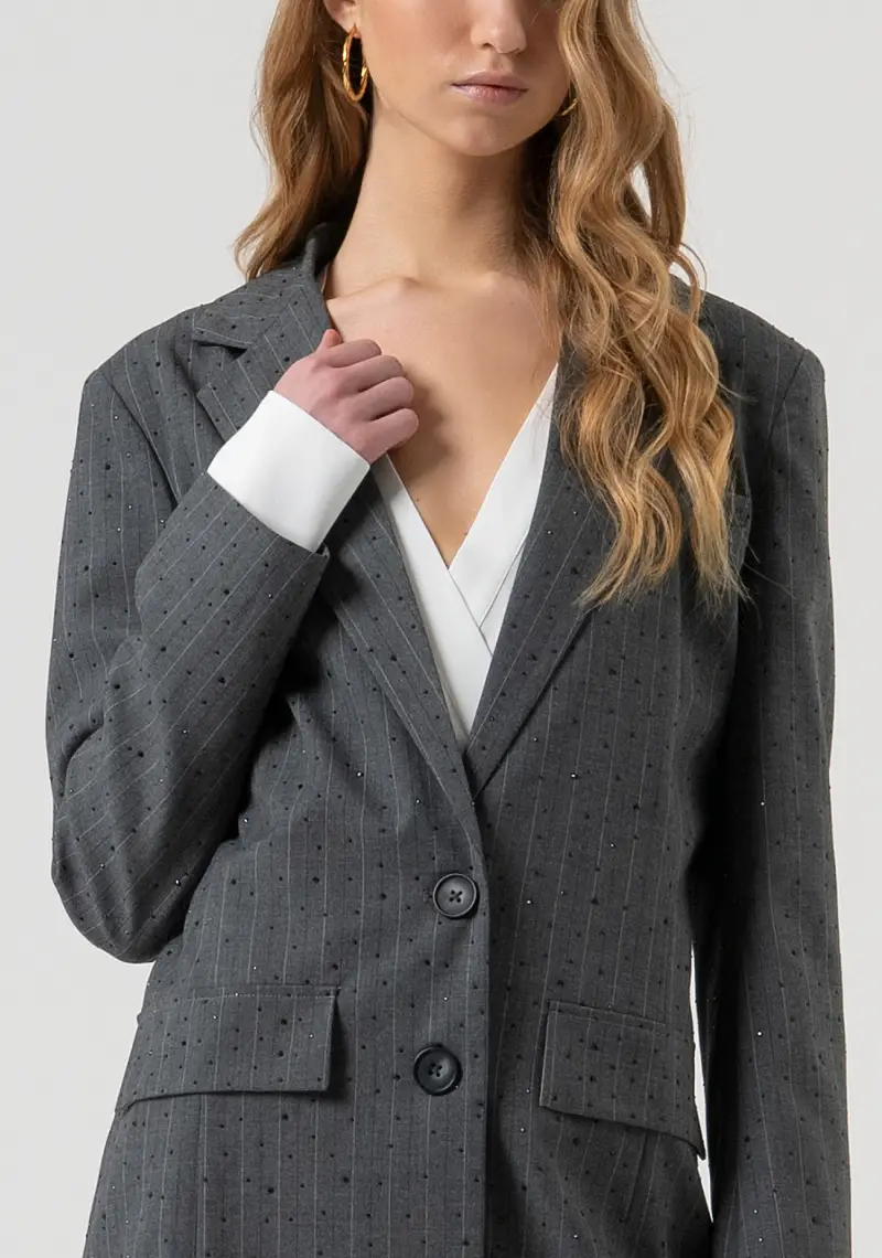Blazer regular lungo monopetto gessato con strass miniatura 2