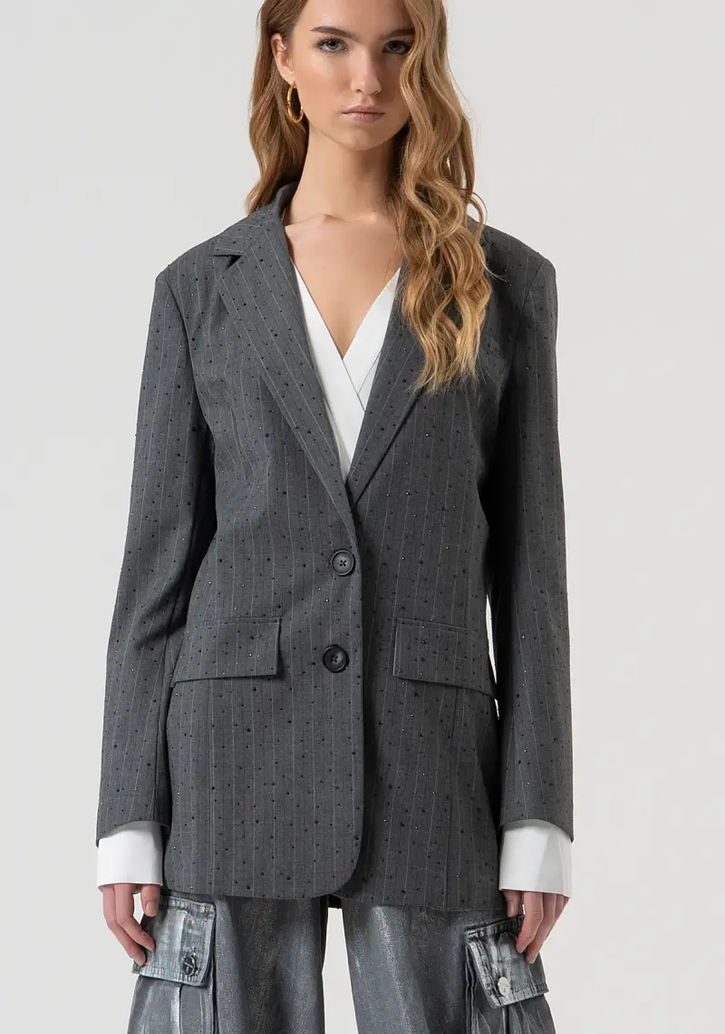 Blazer regular lungo monopetto gessato con strass