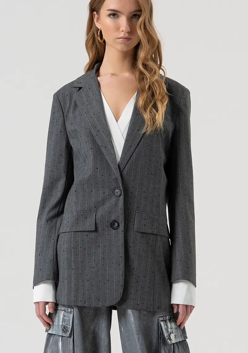 Blazer regular lungo monopetto gessato con strass