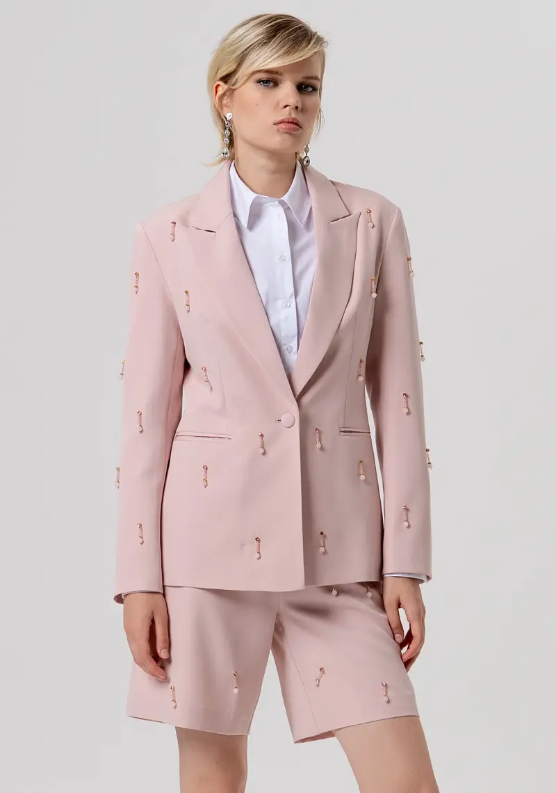 Blazer regular monopetto in tessuto con applicazioni gioiello