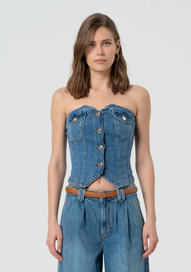 Bustier slim in denim con lavaggio medio