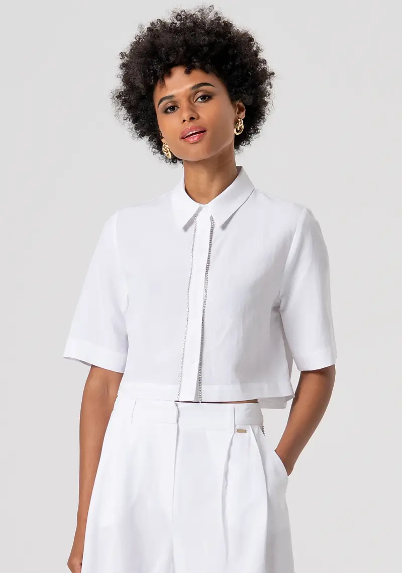 Camicia cropped in cotone con strass