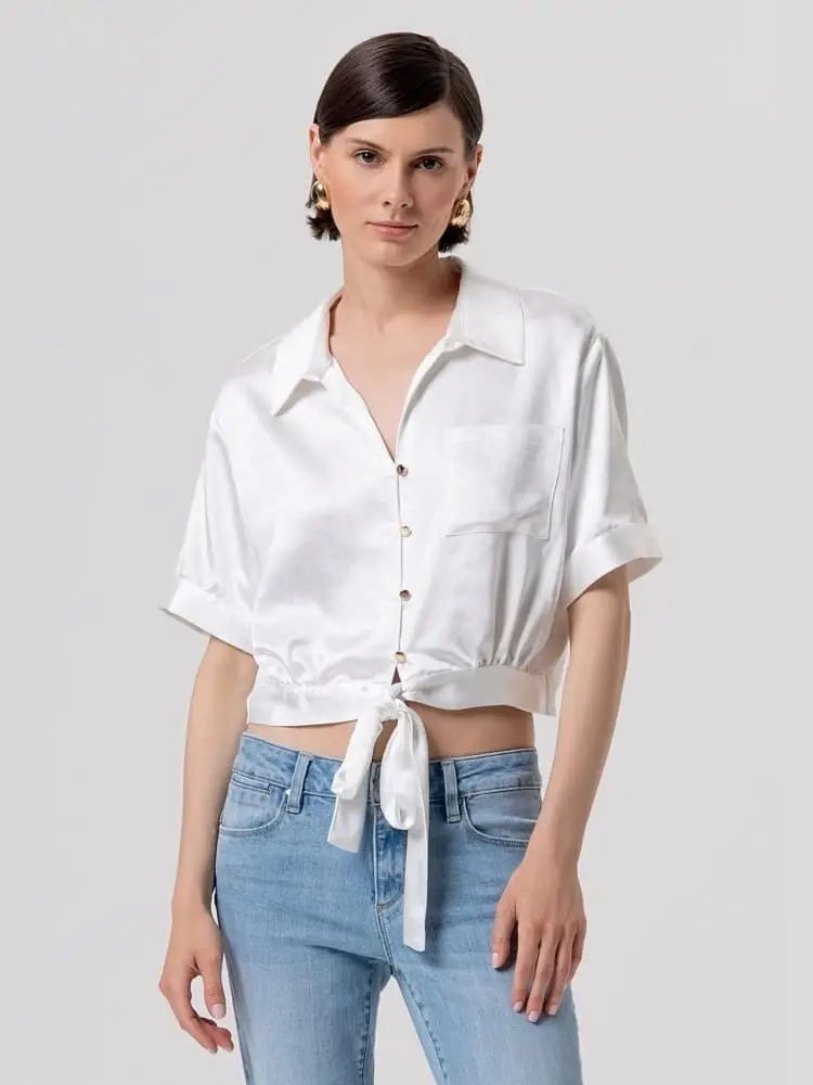camicia cropped in raso panna con nodo