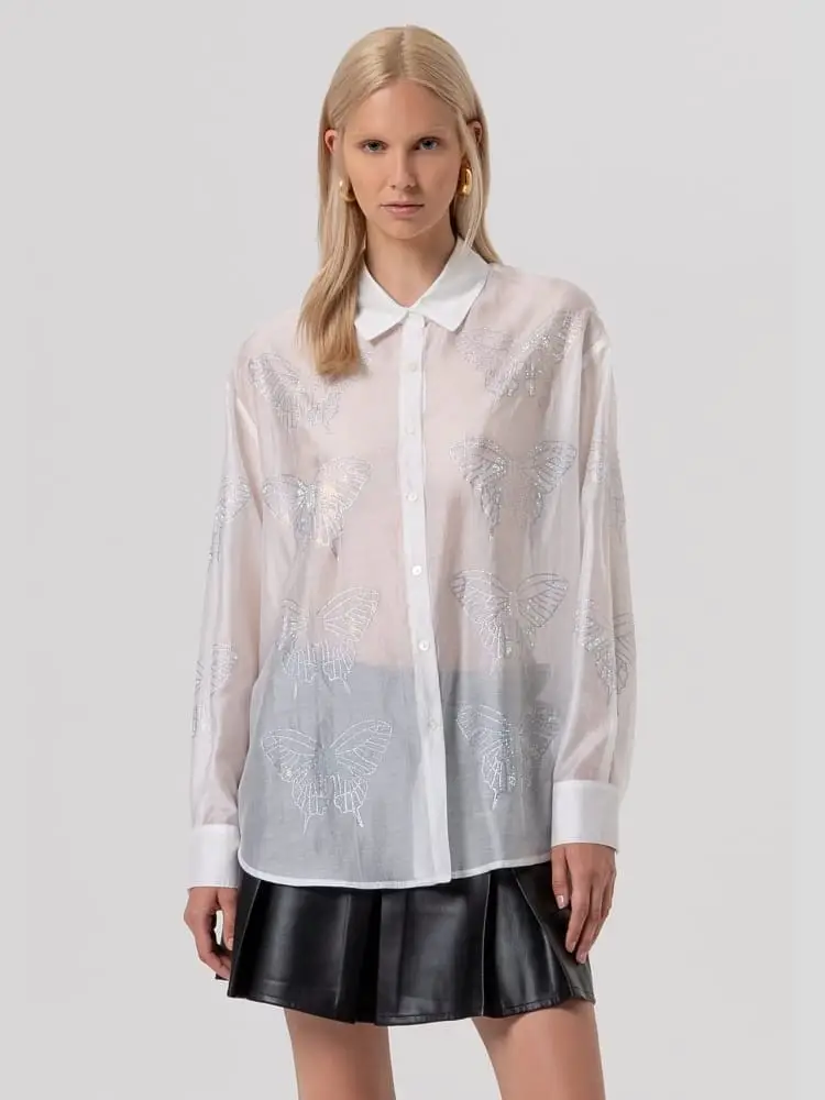 camicia in organza di tencel panna con ricami
