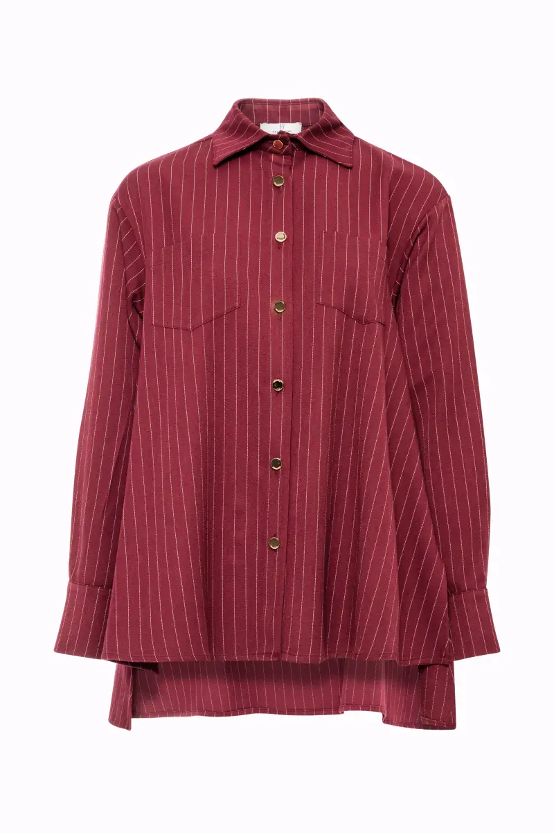 Camicia Lunga Oversize Gessata con Bottoni Dorati