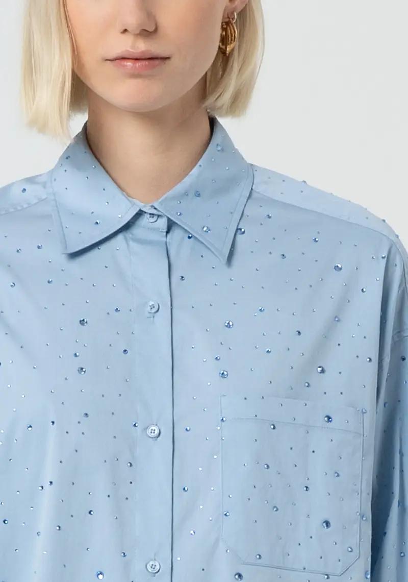 Camicia over in popeline con strass miniatura 2