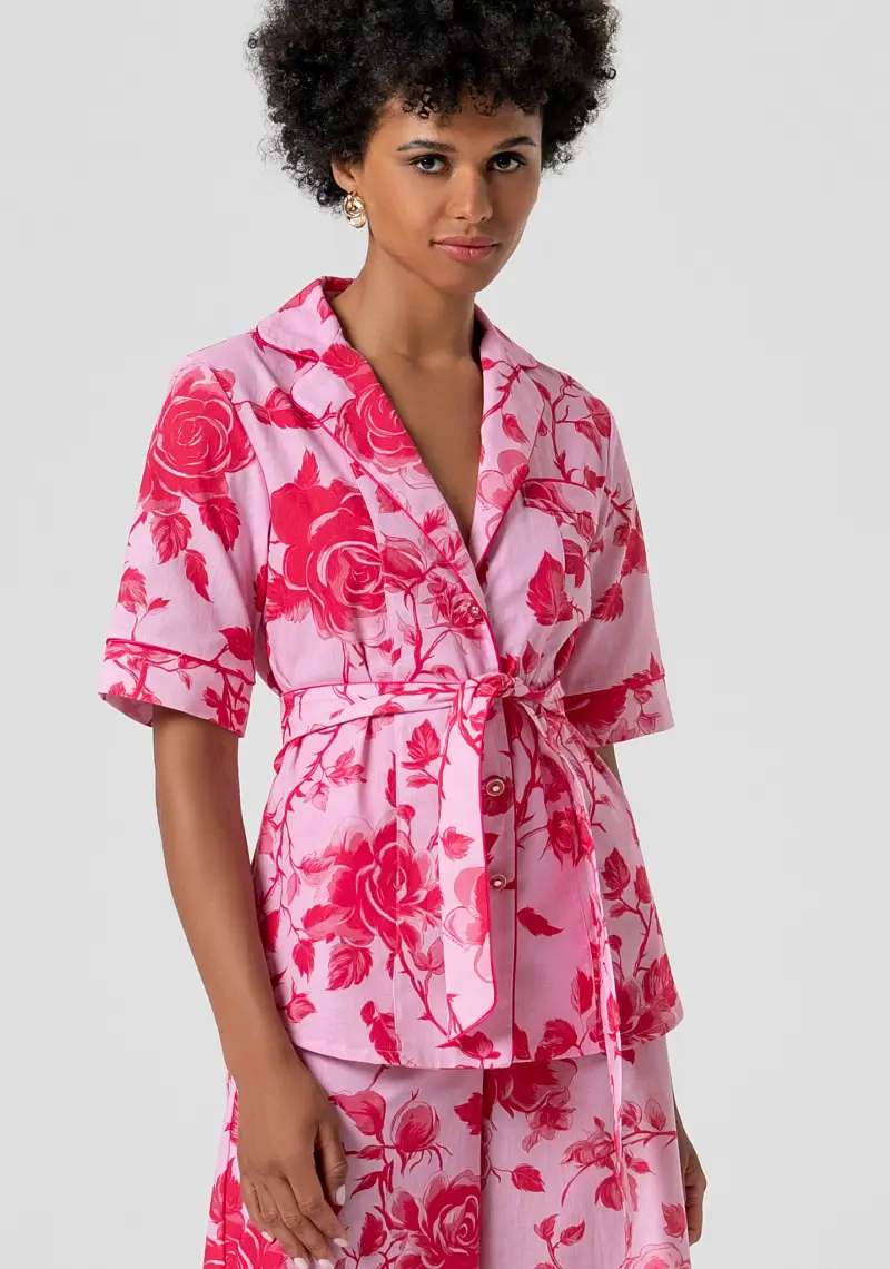 Camicia regular in cotone e lino con fantasia floreale