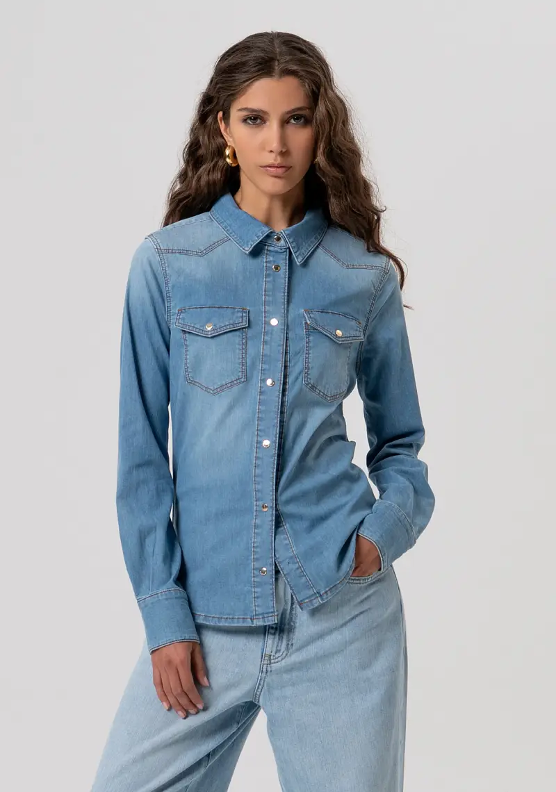 Fracomina Maglia in denim blu con colletto regolare