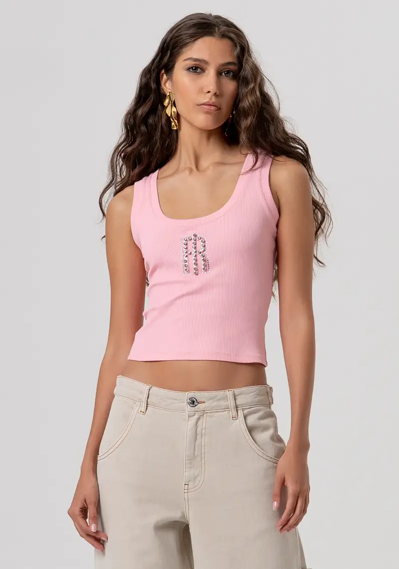 Canotta a Costine con Logo Monogramma in Cristalli