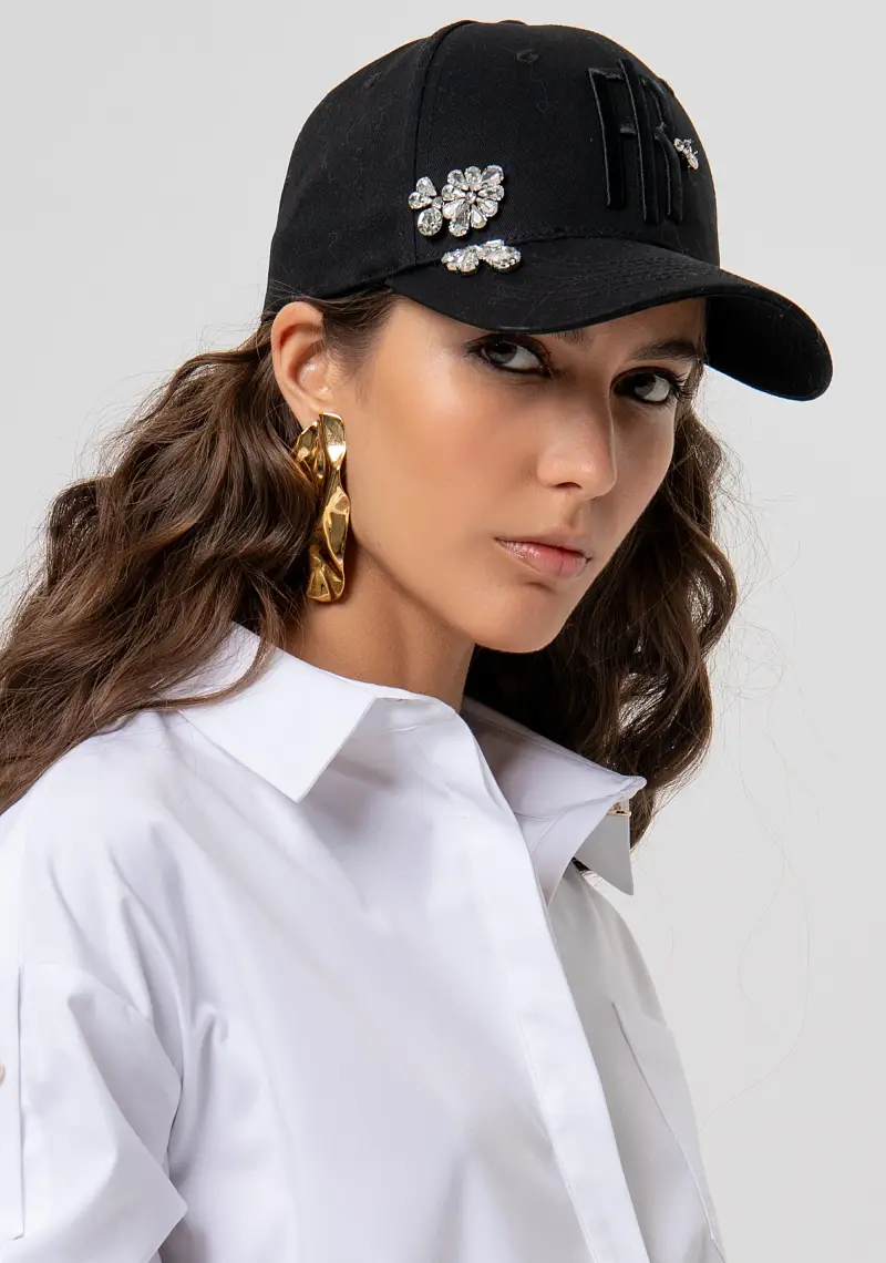 Fracomina Cappello baseball nero in cotone con pietre luminose