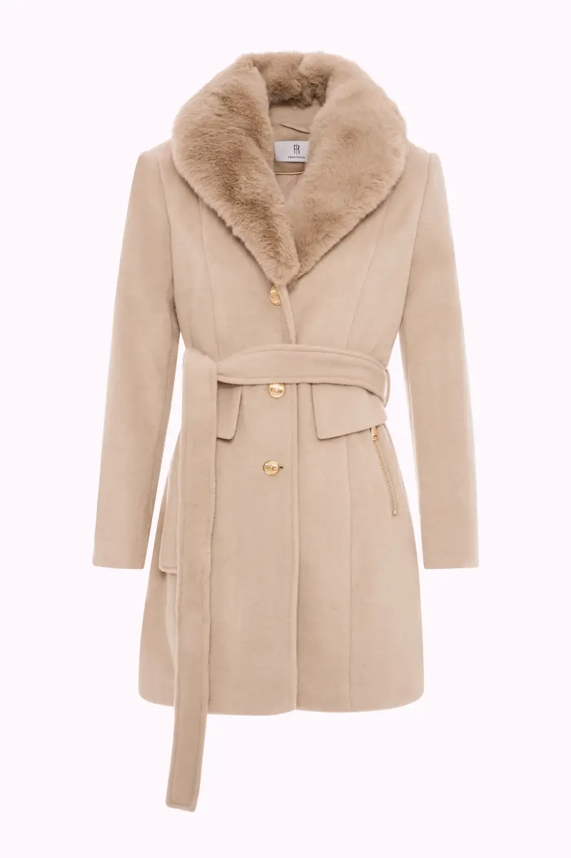 Cappotto Corto con Collo in Pelliccia Sintetica e Cintura