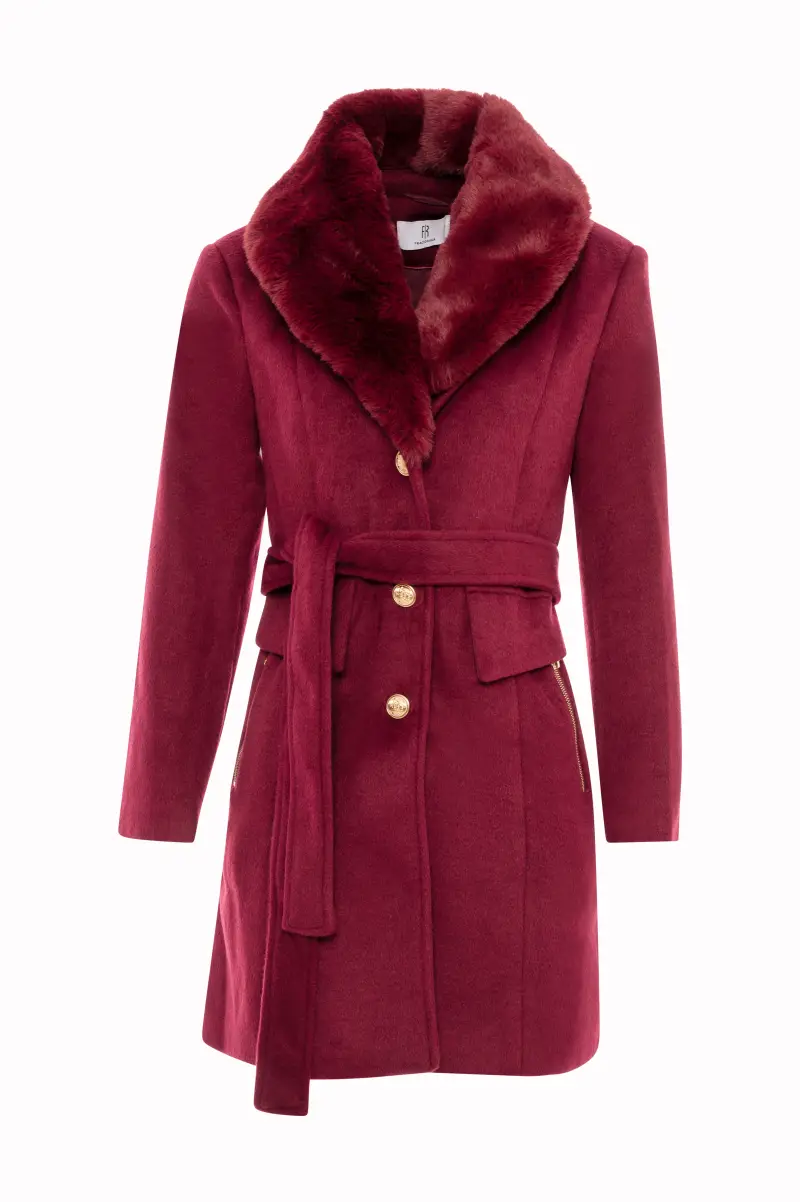 Cappotto Corto con Collo in Pelliccia Sintetica e Cintura