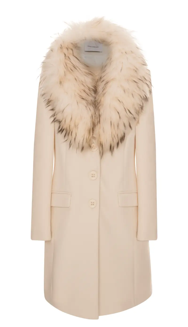 Cappotto Monopetto con Collo in Pelliccia Lussuosa