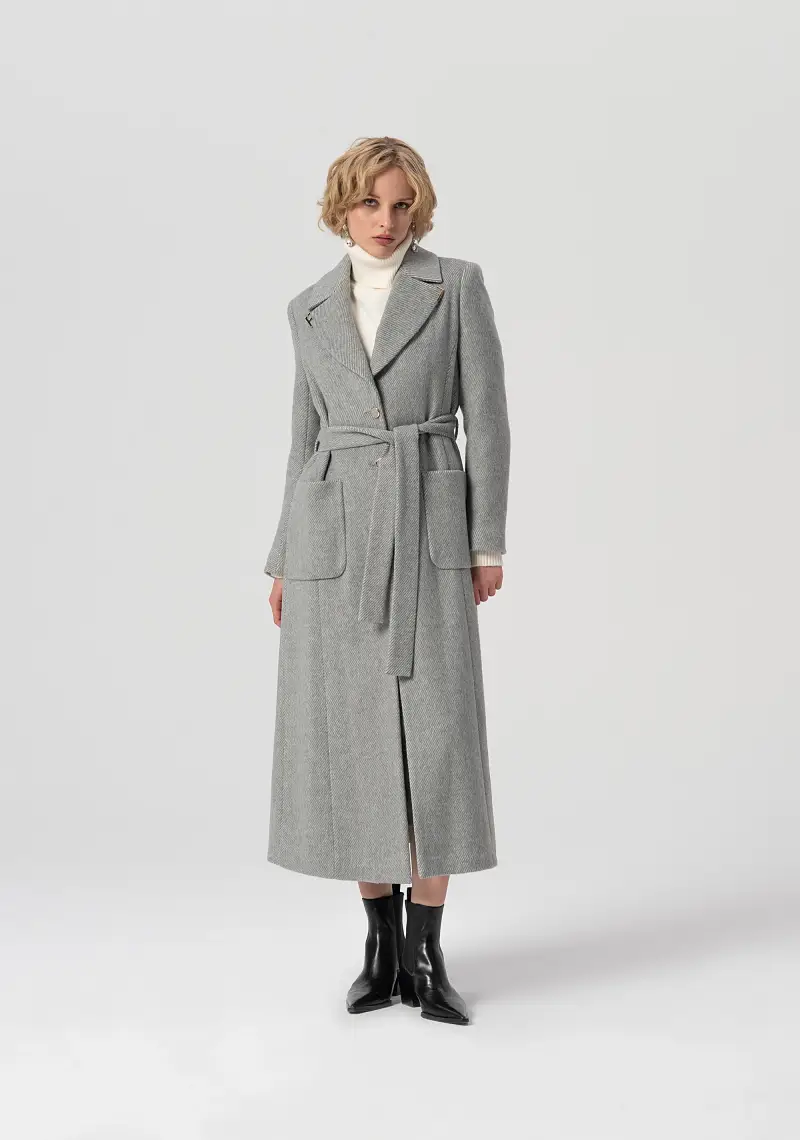 Cappotto regular lungo monopetto in tessuto spigato con lana