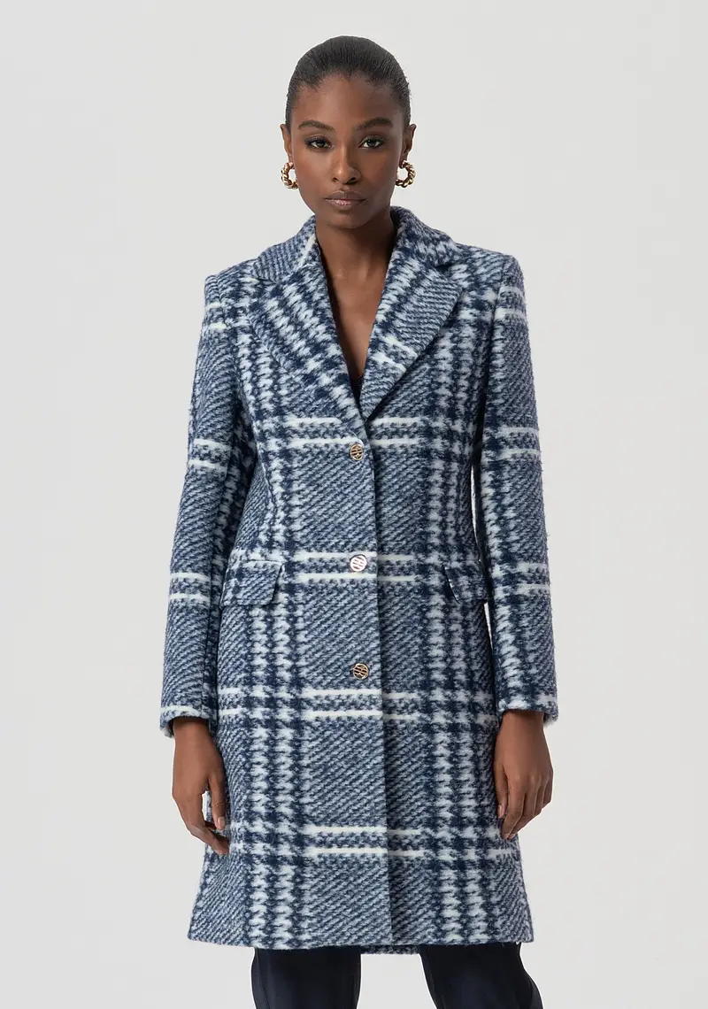 Cappotto regular midi in tessuto Principe di Galles con lana