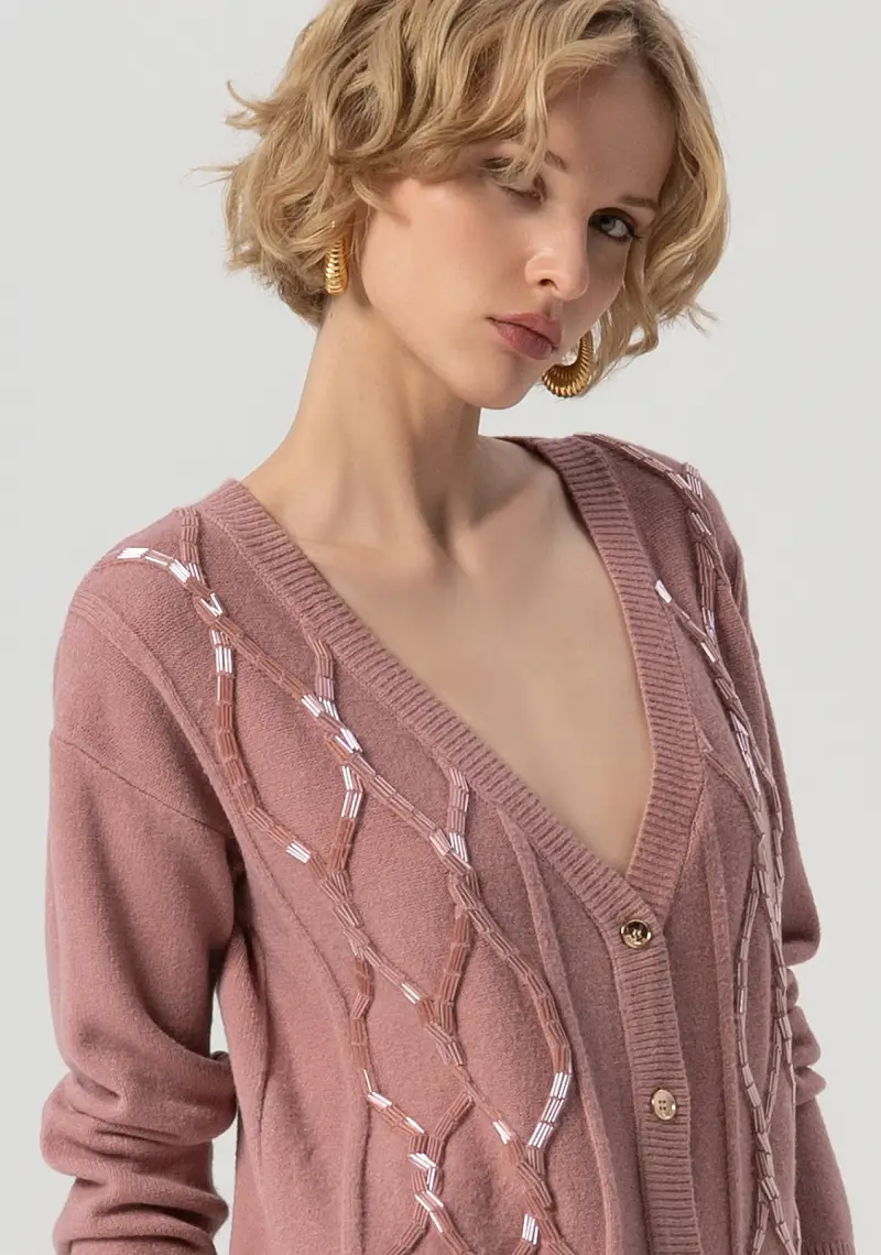 Cardigan over con punto treccia e baguette applicate miniatura 2