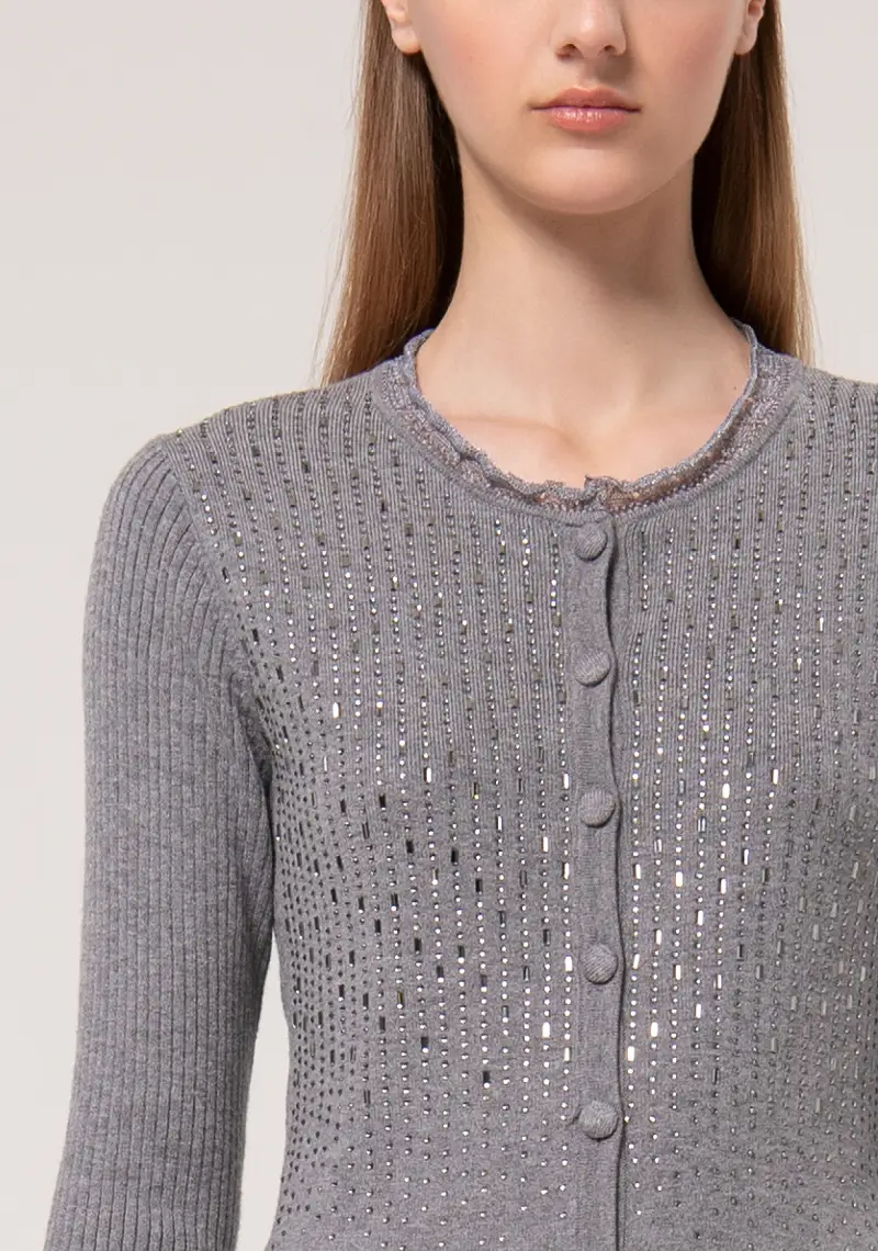 Cardigan slim a costine con strass luminosi miniatura 2