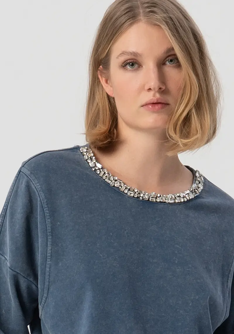 Felpa regular girocollo con pietre luminose applicate miniatura 2