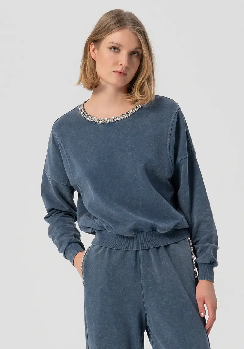 Felpa regular girocollo con pietre luminose applicate