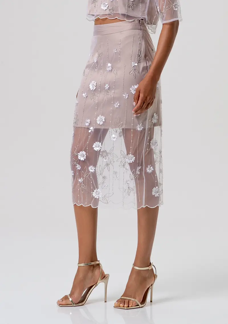 Gonna a tubino slim midi in tulle con fiori e paillettes miniatura 2