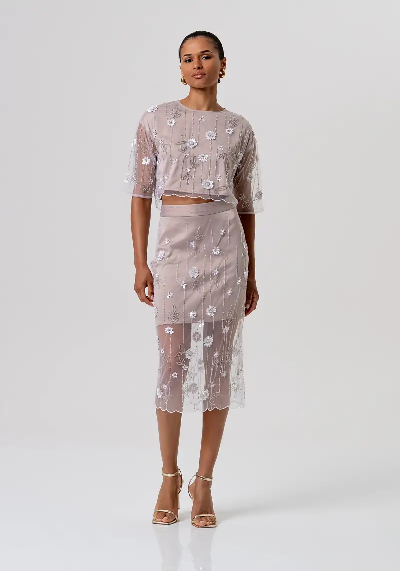 Gonna a tubino slim midi in tulle con fiori e paillettes