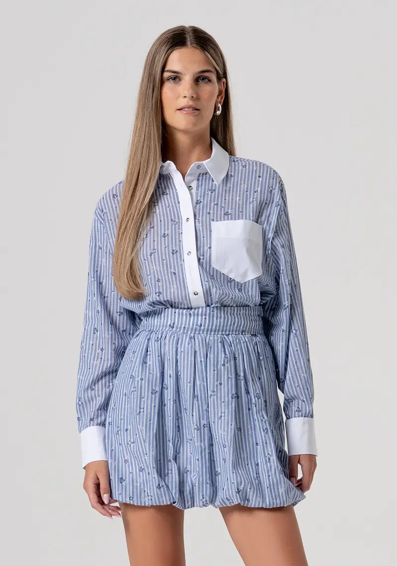 Gonna flare balloon fit in popeline a righe e fiori miniatura 2