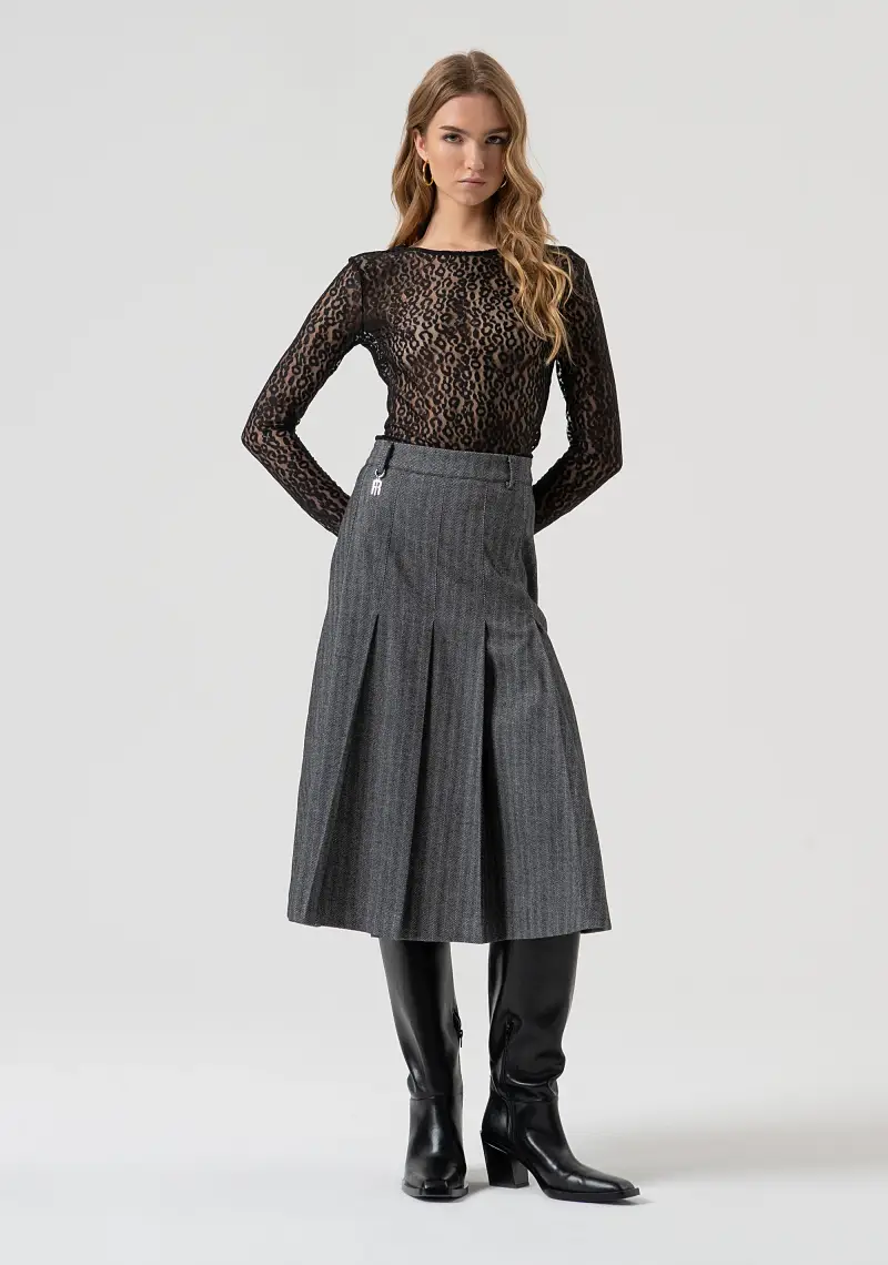 Gonna flare midi in tessuto gessato