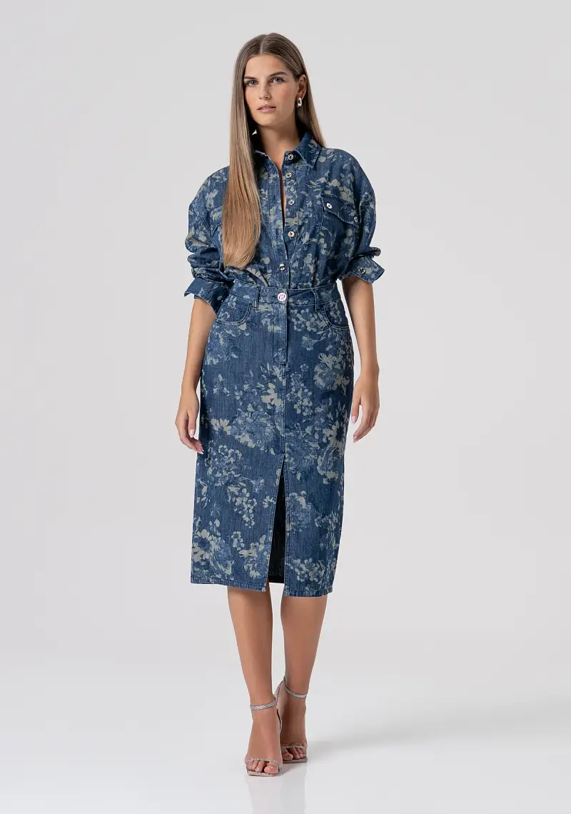Gonna slim midi in denim con jacquard