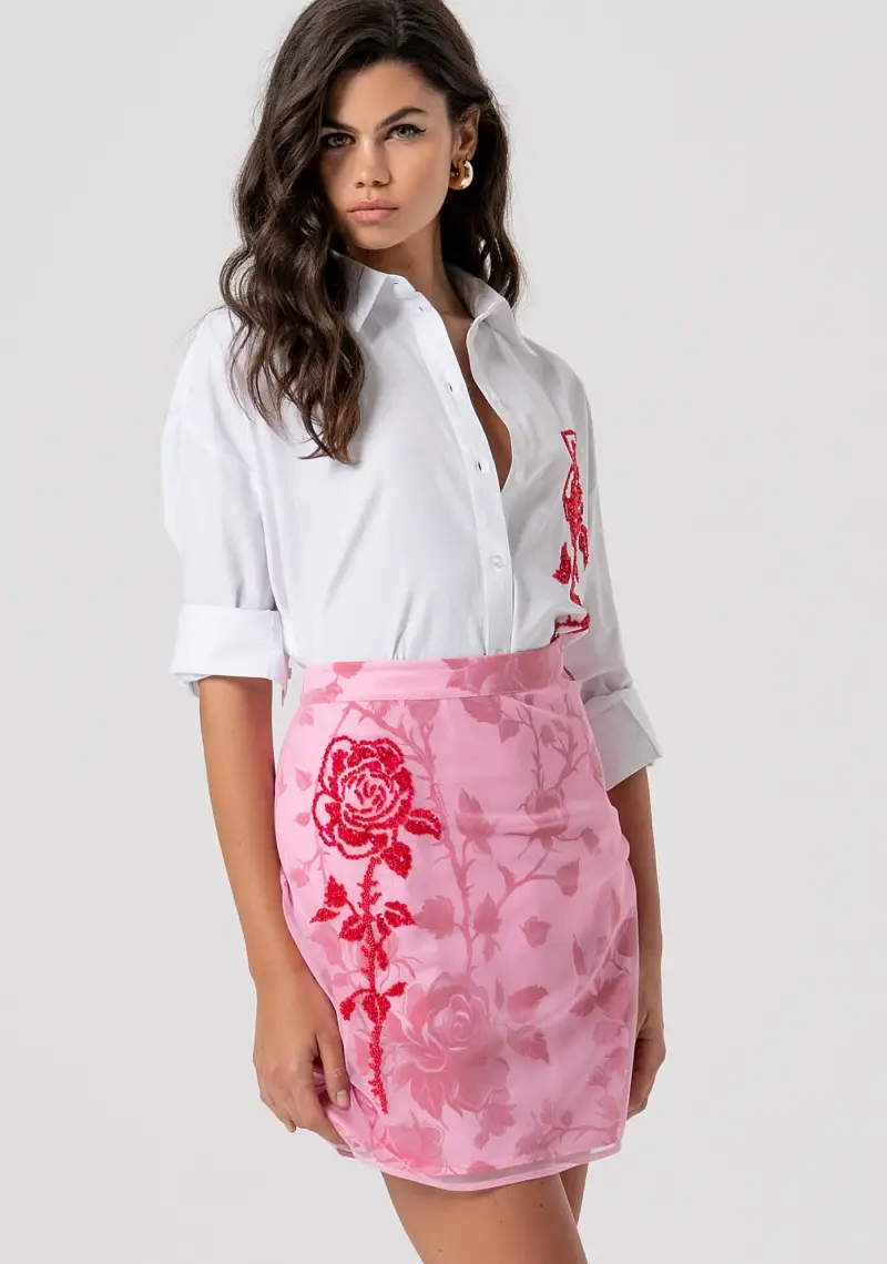 Gonna slim mini in tulle con sottogonna in fantasia floreale miniatura 2