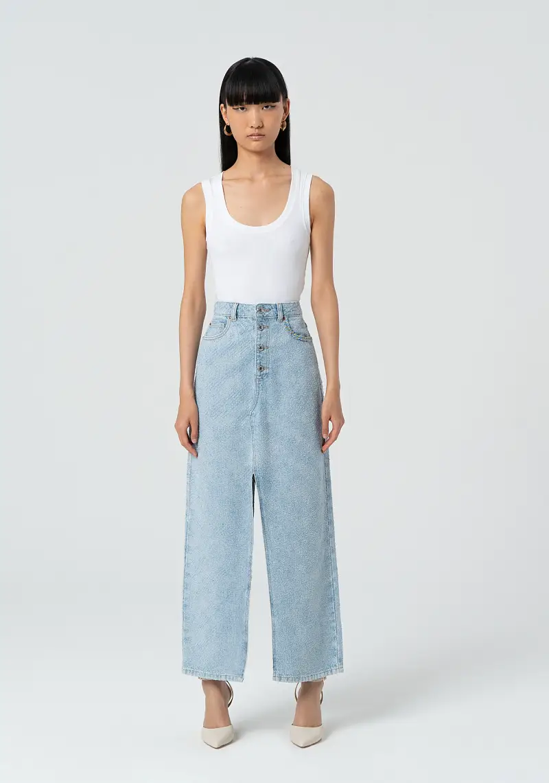 Gonna svasata lunga in denim con lavaggio bleached